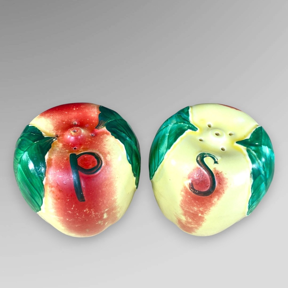 Hull Pottery Blushing Apple Salt and Pepper Shakers Red Green 1940s 50s